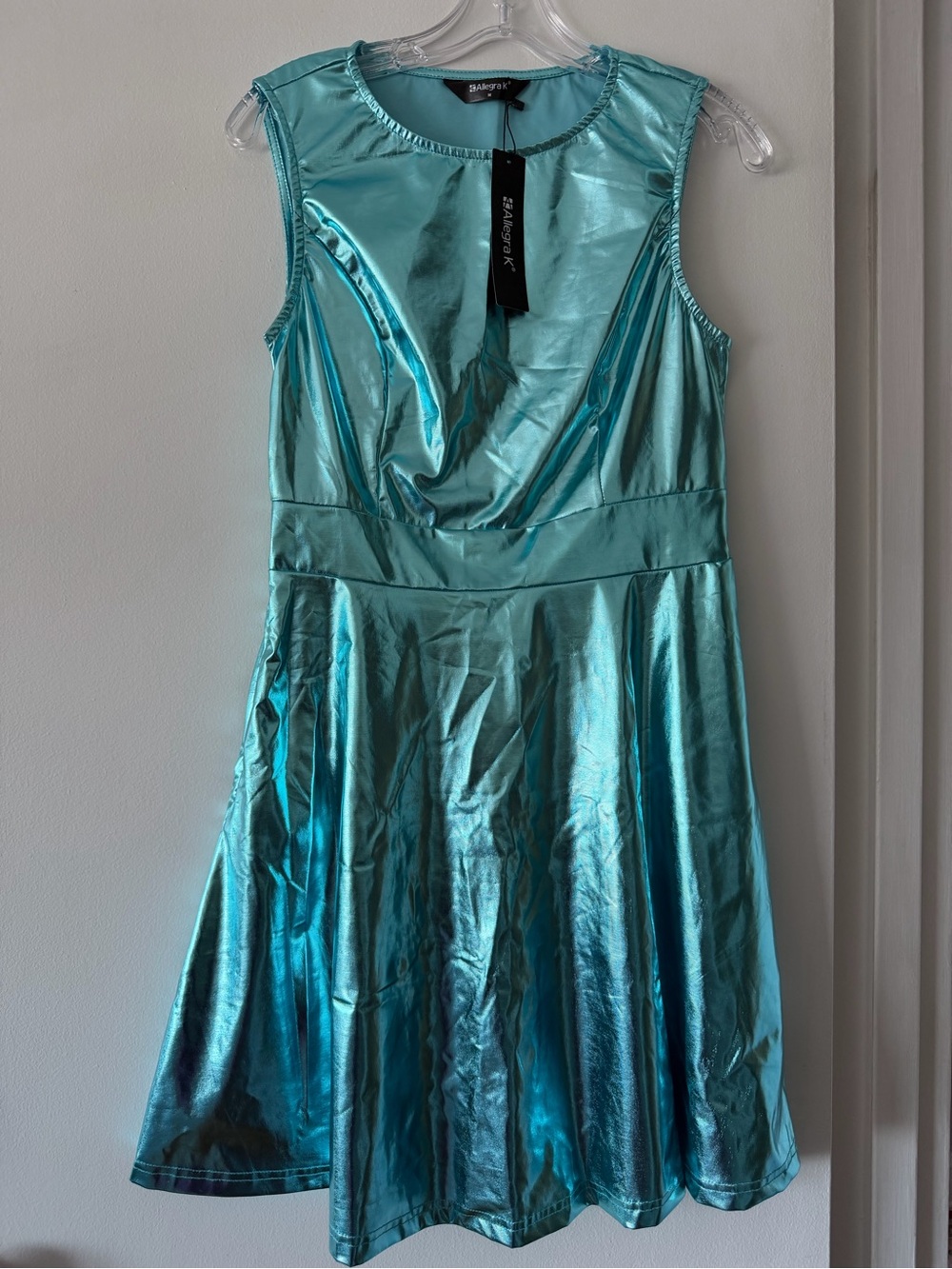 Allegra K Metallic Teal Blue Sleeveless Fit & Flare Skater Dress Size M NWT
